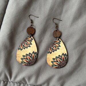 Sunflower Teardrop Wooden Earrings